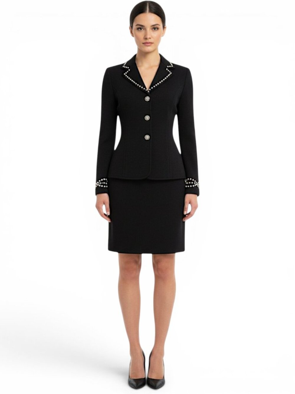 St. John Evening Black Pearl Gold Paillette Crystal Santana Knit Skirt Suit 2